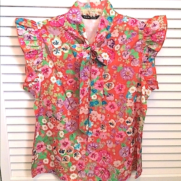 🌸NWOT Orange Floral Silk Bow Tie Ruffle Top (M)🌸 - Picture 2 of 14